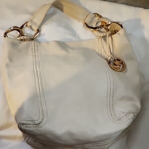 Women's Cream Leather Shoulder Bag with Gold Accent